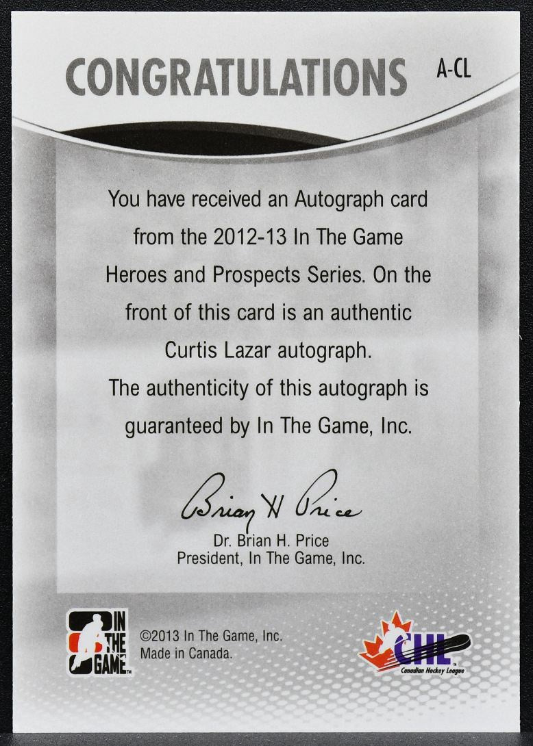2013-14 In The Game Heroes and Prospects Autographs Curtis Lazar A-CL Auto 9859