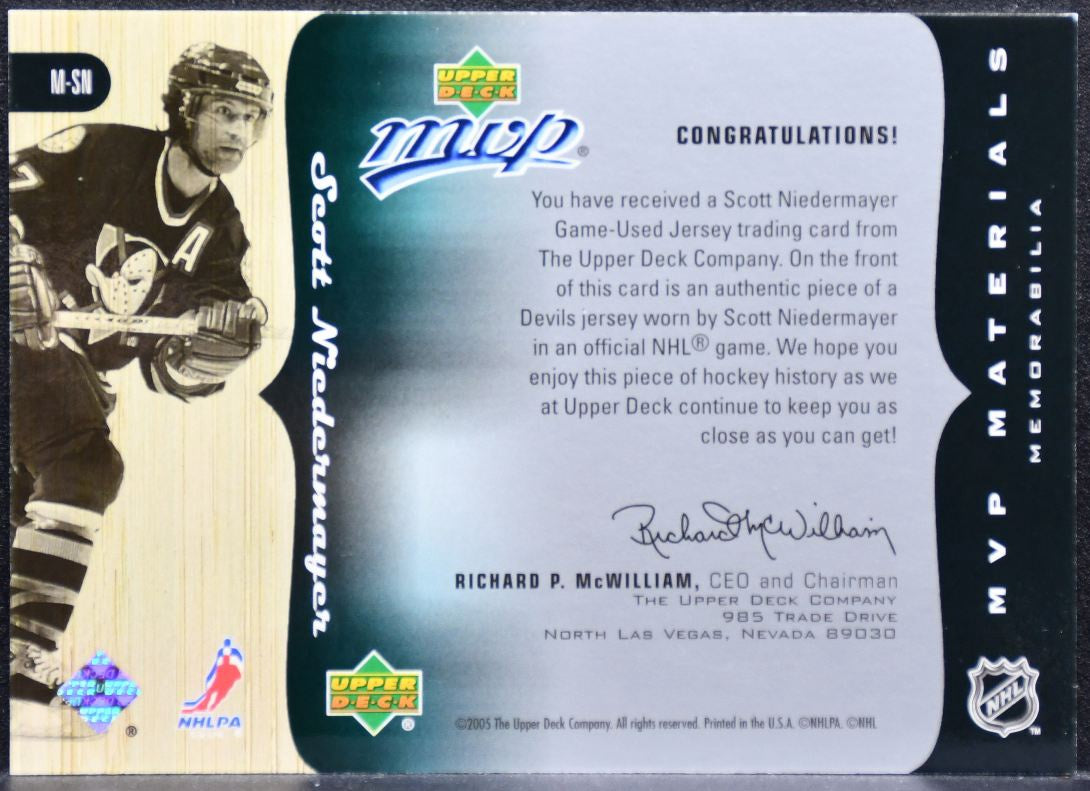 2005-06 Upper Deck MVP Materials Scott Niedermayer M-SN Mighty Ducks Jersey 4619