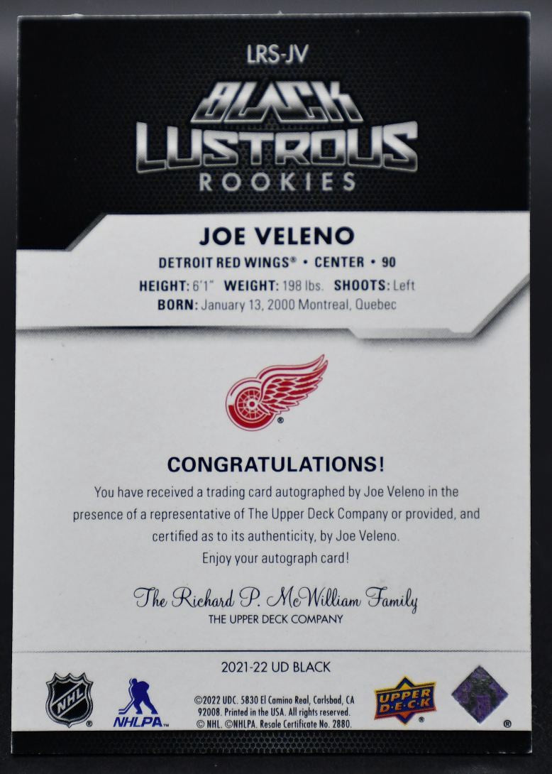 2021-22 UD Black Joe Veleno LRS-JV Detroit Red Wings RC Auto 254/299
