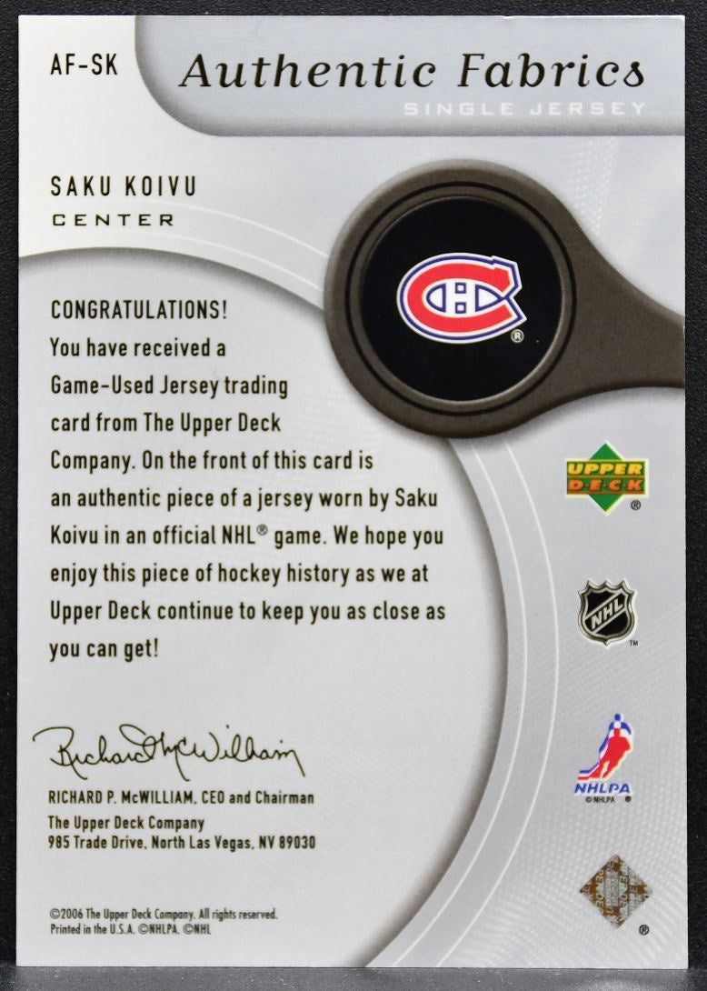 2006-07 SP Game Used Authentic Fabrics Saku Koivu AF-SK Canadiens Jersey 9752