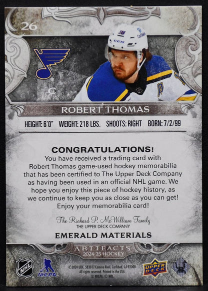 2024-25 UD Artifacts Robert Thomas 26 St. Louis Blues 19/65 Jersey