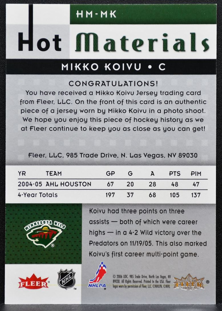 2006-07 Fleer Hot Prospects Hot Materials Mikko Koivu HM-MK Wild Jersey 7806
