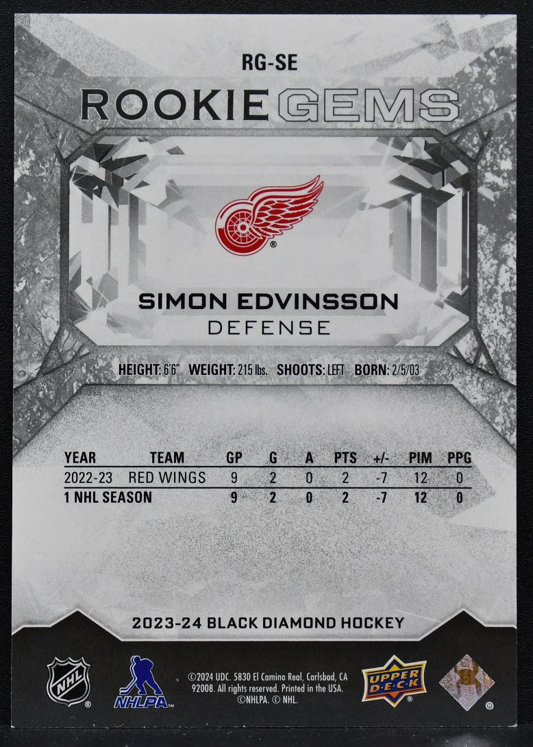 2023-24 UD Black Diamond RC Gems Red Simon Edvinsson RG-SE Red Wings RC 034/100 8564