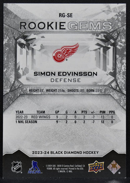 2023-24 UD Black Diamond RC Gems Red Simon Edvinsson RG-SE Red Wings RC 034/100 8564