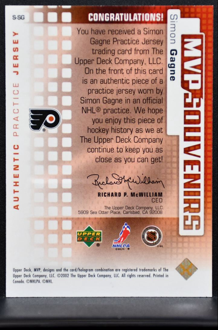 2002-03 Upper Deck MVP Souvenirs Jerseys Simon Gagne S-SG Flyers Jersey 6217