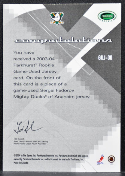 2003-04 Parkhurst Rookie Jersey Sergei Fedorov GUJ-30 Mighty Ducks Jersey 8833