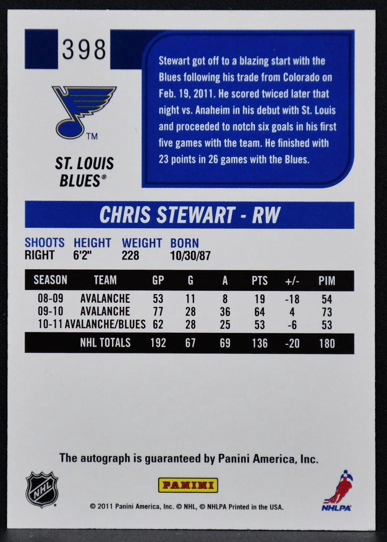 2011-12 Score Signatures Chris Stewart 398 St. Louis Blues Auto 3221