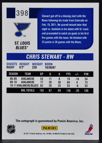 2011-12 Score Signatures Chris Stewart 398 St. Louis Blues Auto 3221