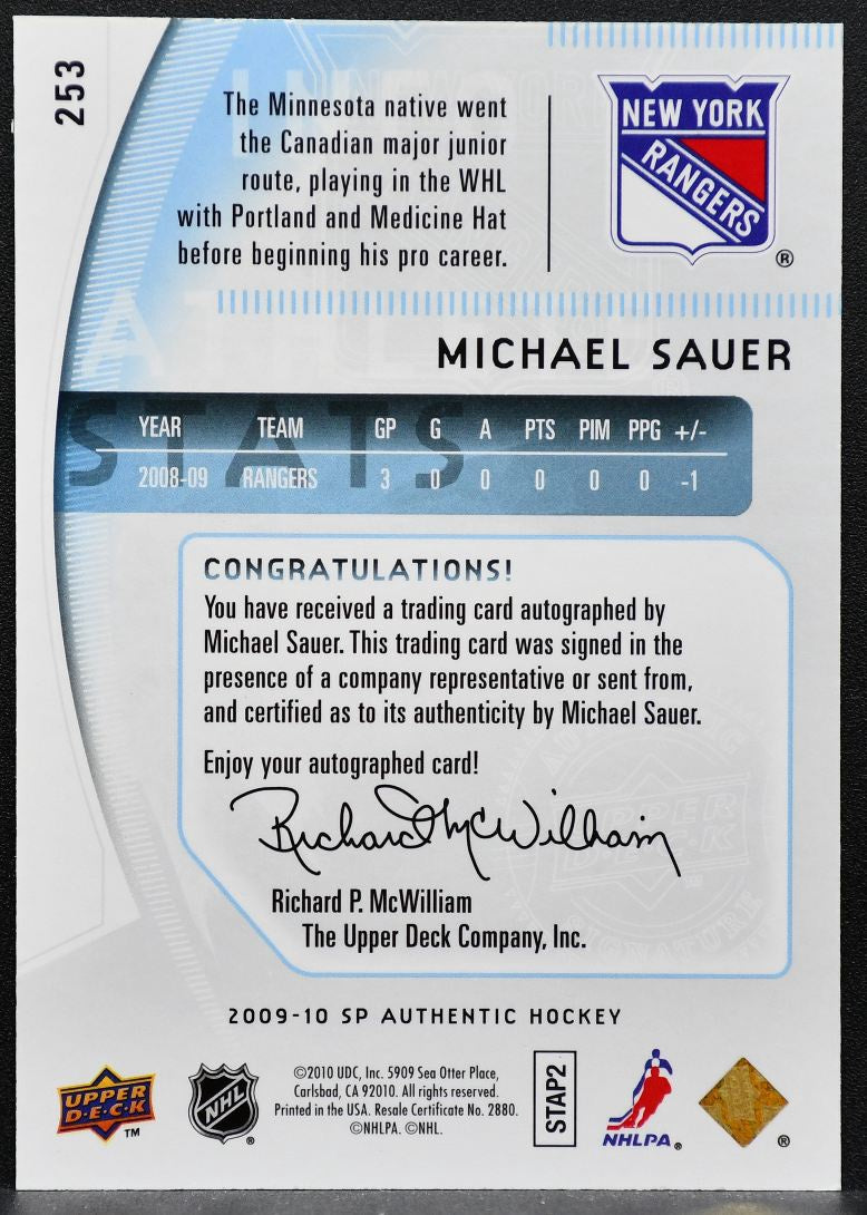 2009-10 SP Authentic Future Watch Auto Michael Sauer Rangers RC Auto 1269