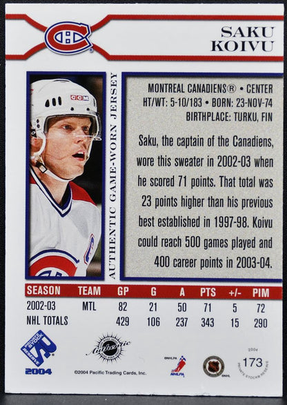 2003-04 Pacific Private Stock Jersey Saku Koivu 173 Canadiens /1000 Jersey 0901