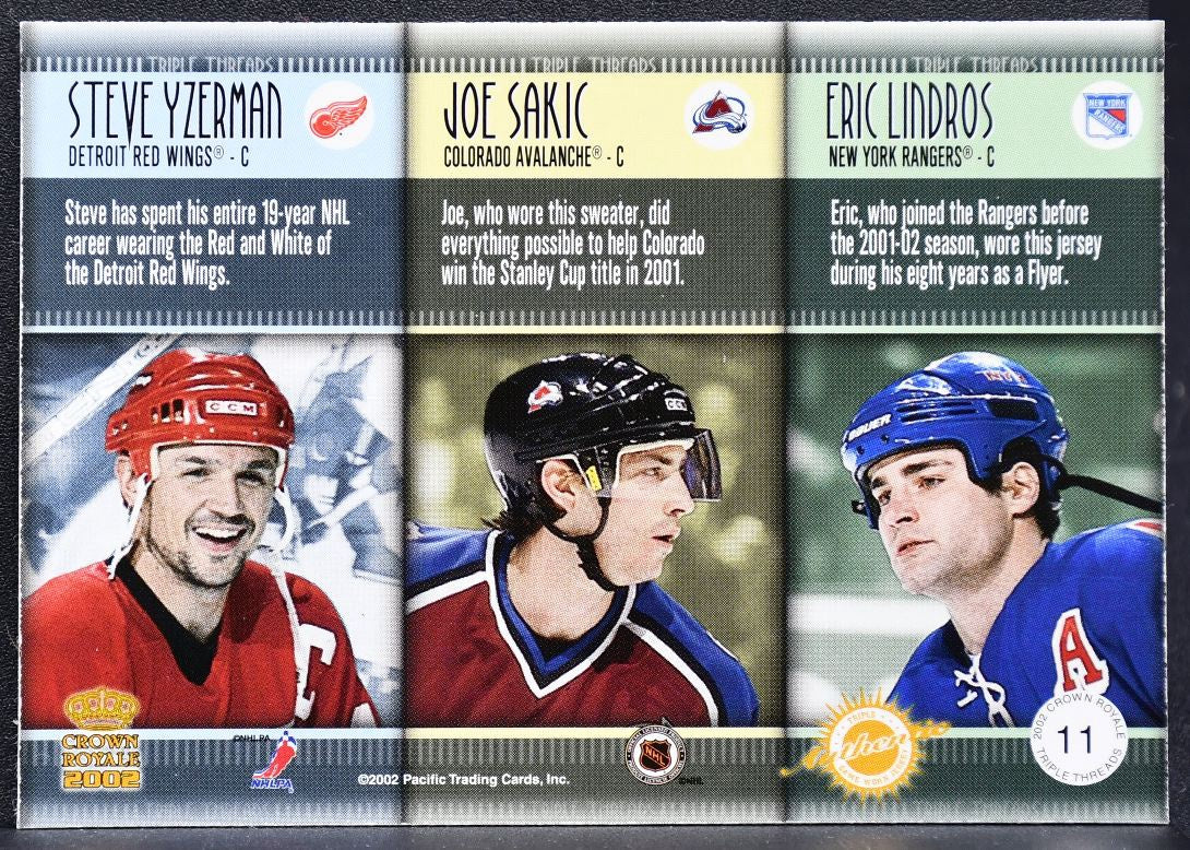 2002-03 Pacific Crown Royale Triple Threads Yzerman Sakic Lindros 11 Jersey 7923