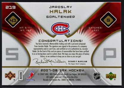2007-08 SPx Rookie Auto Patch Jaroslav Halak 219 RC Auto 306/999 Jersey