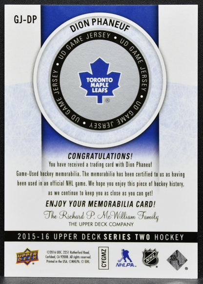 2015-16 Upper Deck Series 2 UD Game Jerseys Dion Phaneuf Maple Leafs Jersey 2693
