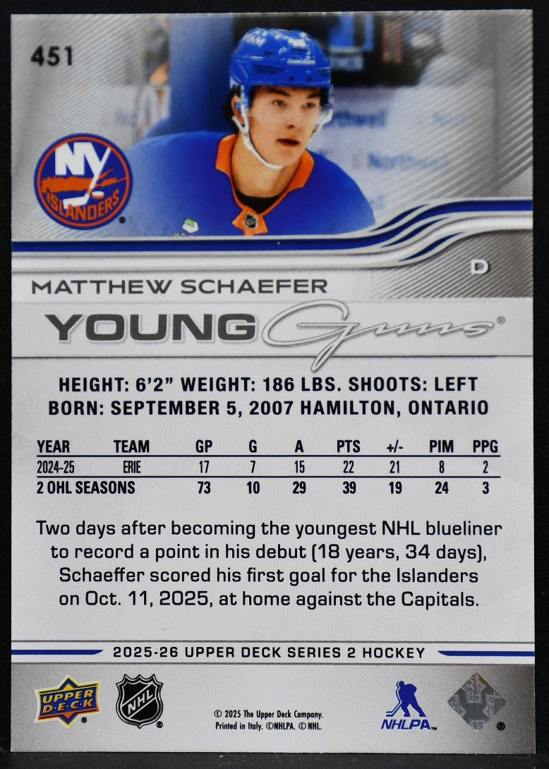 2025-26 Upper Deck Series 2 Young Guns Matthew Schaefer 451 Islanders RC 4135