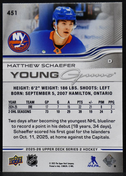 2025-26 Upper Deck Series 2 Young Guns Matthew Schaefer 451 Islanders RC 4135