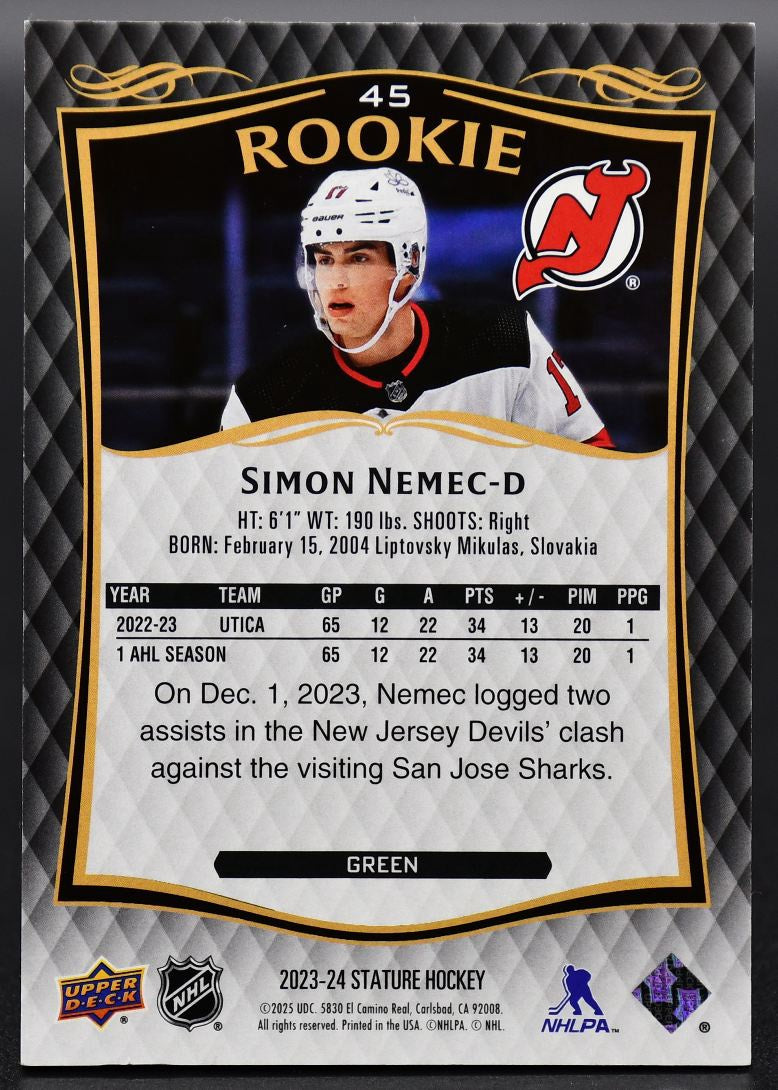 2023-24 UD Stature Simon Nemec 45 New Jersey Devils RC 205/375