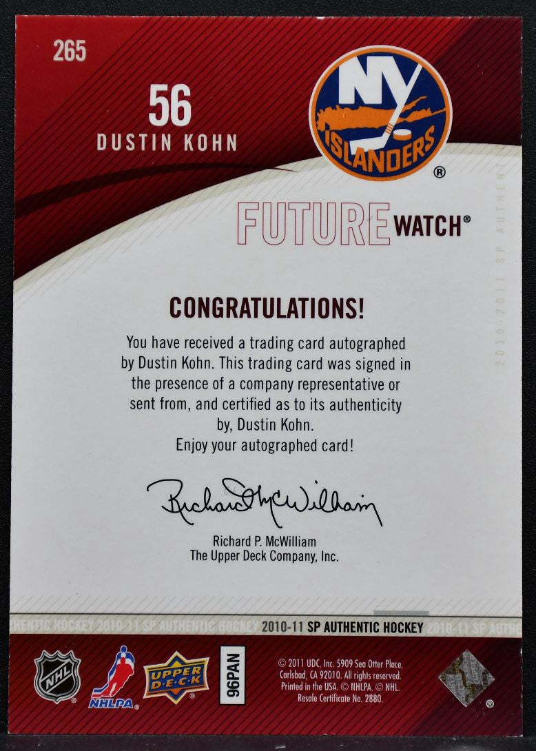 2010-11 SP Authentic Future Watch Auto Dustin Kohn RC Auto 692/999 1070