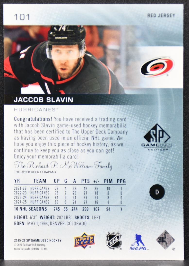 2025-26 SP Game Used Red Jersey Jaccob Slavin 101 Jersey 0176