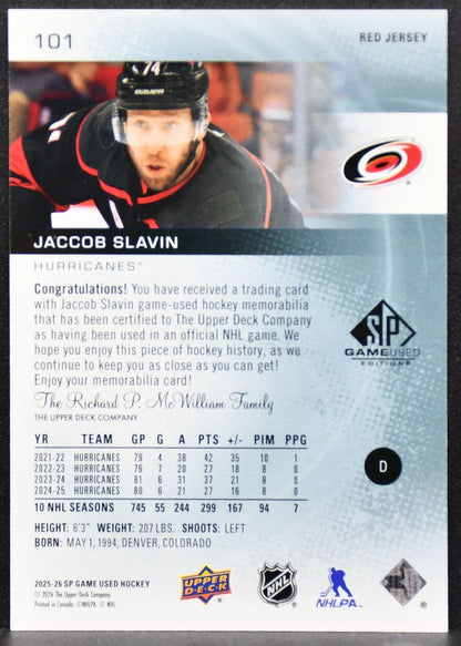 2025-26 SP Game Used Red Jersey Jaccob Slavin 101 Jersey 0176