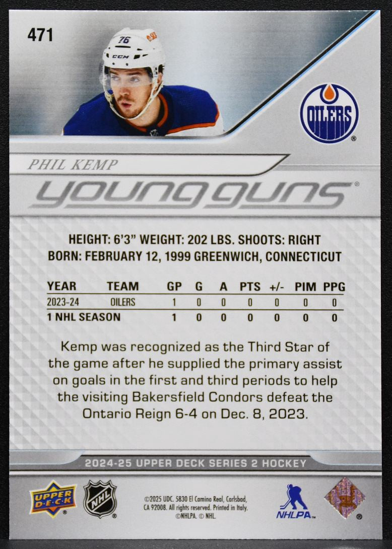 2024-25 Upper Deck Series 2 Young Guns Phil Kemp 471 Edmonton Oilers RC 4568