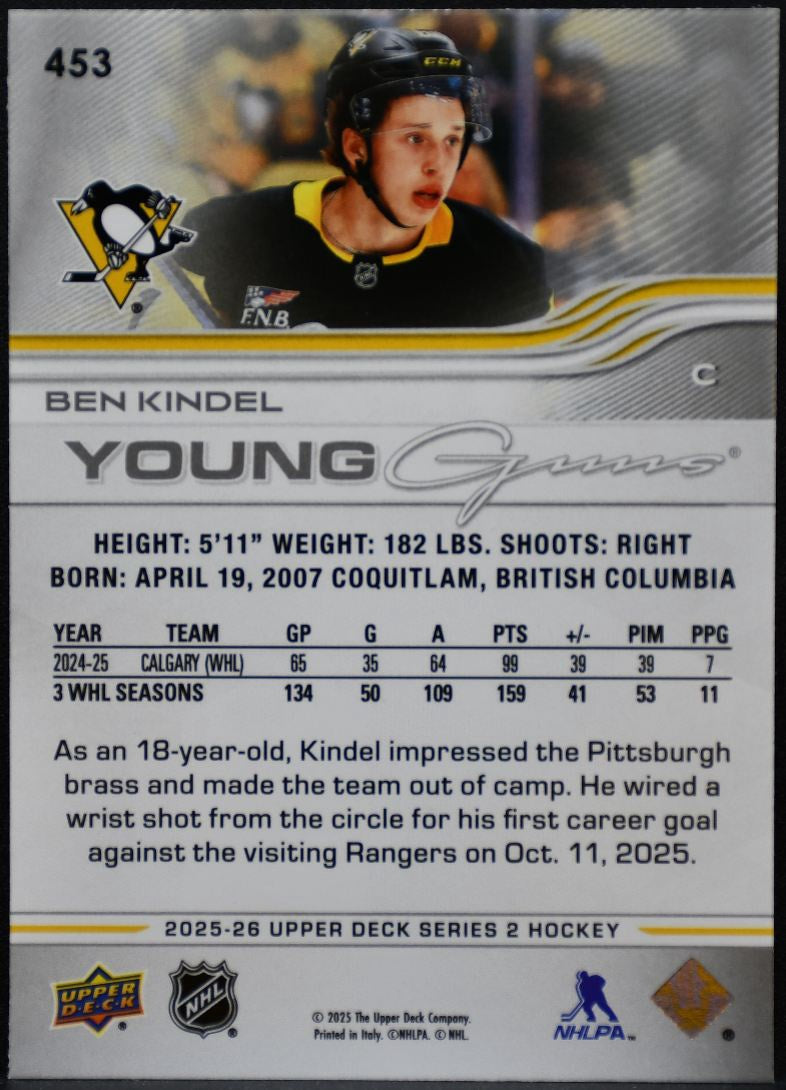 2025-26 UD Series 2 Young Guns Ben Kindel 453 Pittsburgh Penguins RC 6109