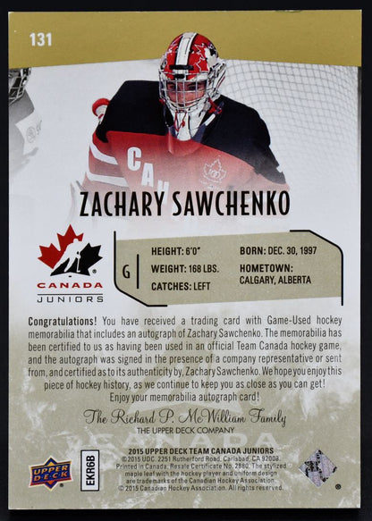 2015-16 UD Team Canada Juniors Auto Patch Zachary Sawchenko 131 Auto Patch