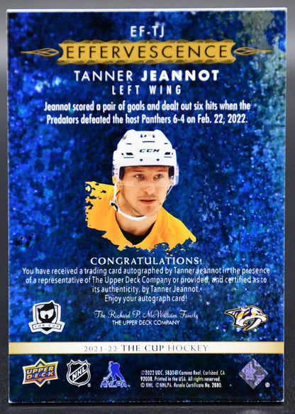2021-22 UD The Cup Tanner Jeannot EF-TJ Nashville Predators Auto