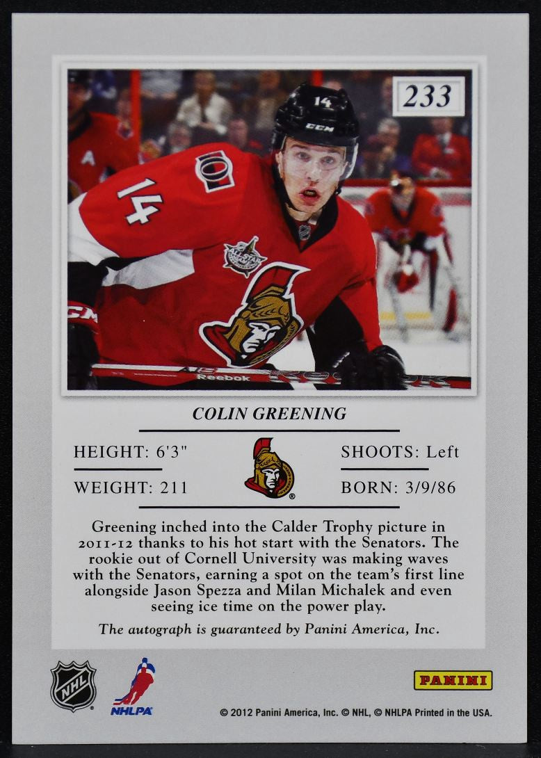 2011-12 Panini Elite Rc Autographs Blue Colin Greening 233 Senators RC Auto 2780