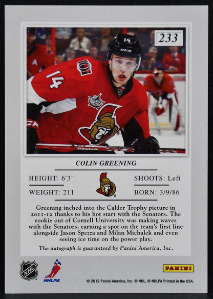 2011-12 Panini Elite Rc Autographs Blue Colin Greening 233 Senators RC Auto 2780