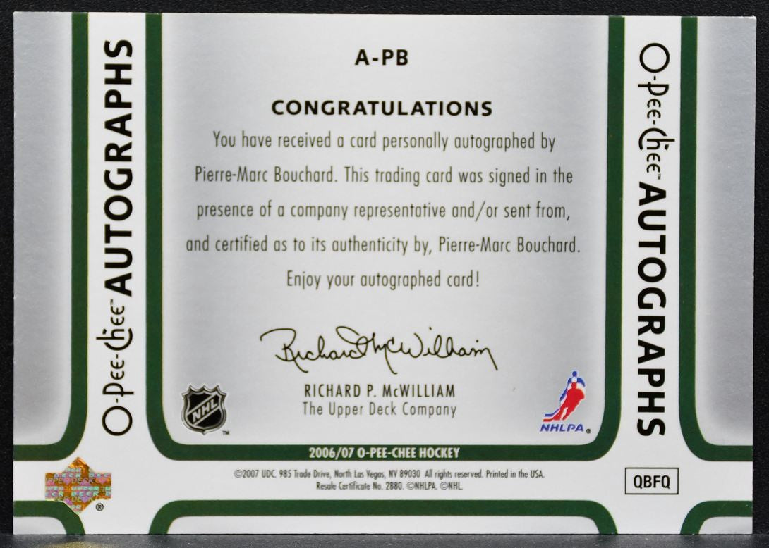 2006-07 O-Pee-Chee Autographs Pierre-Marc Bouchard A-PB Minnesota Wild Auto 0215