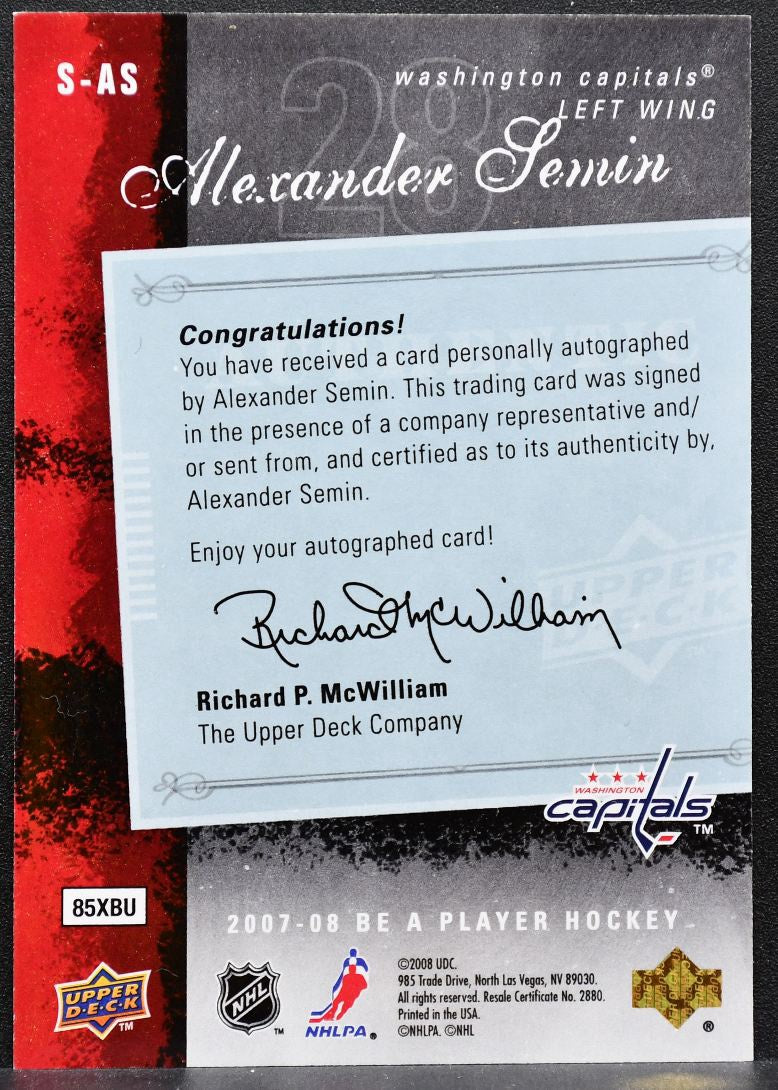 2007-08 UD Be a Player Signatures Alexander Semin S-AS Capitals Auto 1717