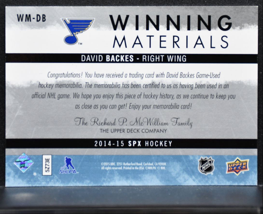 2014-15 SPx Winning Materials David Backes WM-DB St. Louis Blues Jersey 5043