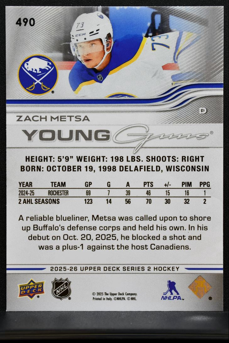 2025-26 Upper Deck Series 2 Young Guns Zach Metsa 490 Buffalo Sabres RC 7528