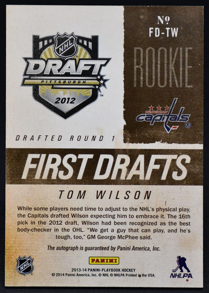 Carte autographiée Tom Wilson FD-TW RC de la collection Panini Playbook First Drafts 2013-14