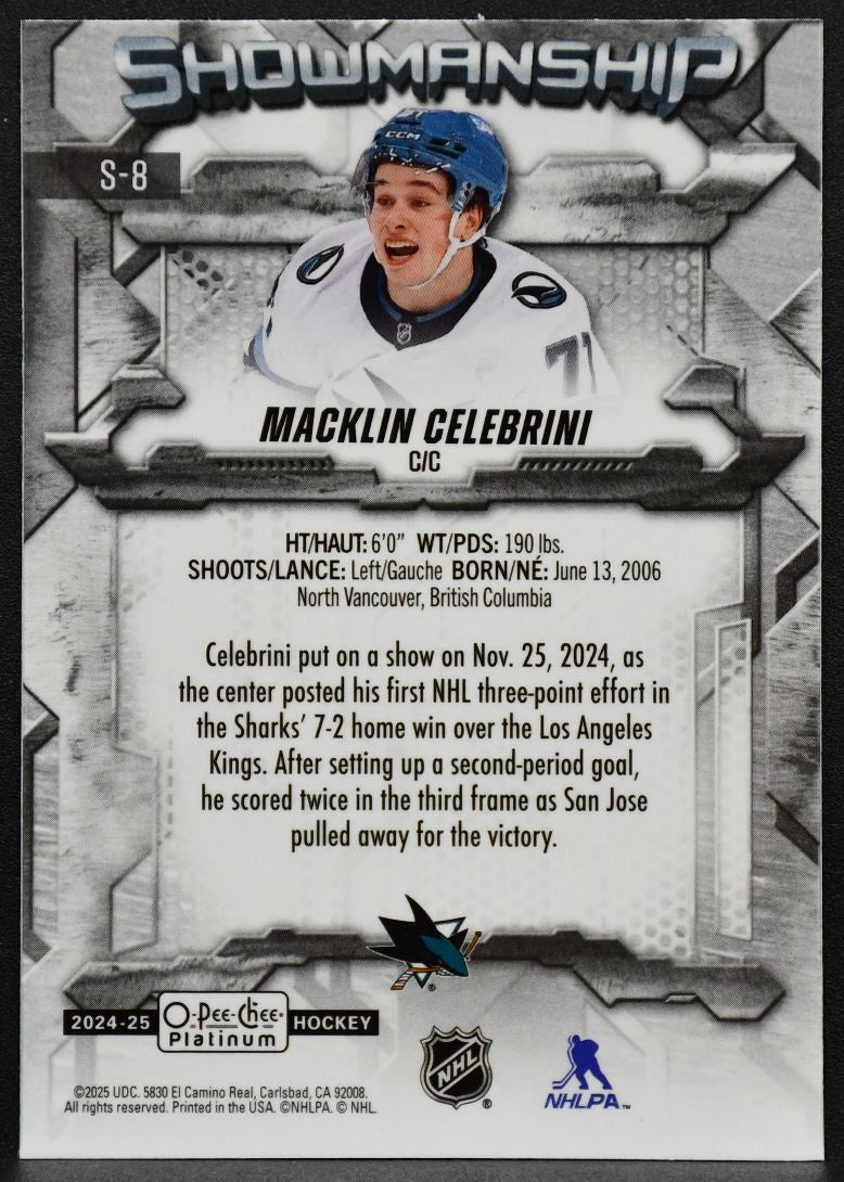 2024-25 O-Pee-Chee Platinum Showmanship Macklin Celebrini S-8 Sharks RC 8409