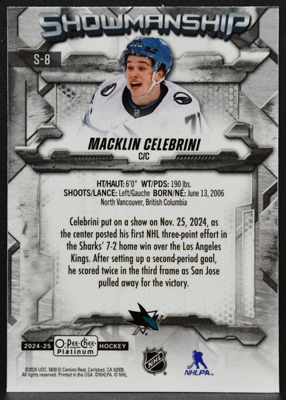 2024-25 O-Pee-Chee Platinum Showmanship Macklin Celebrini S-8 Sharks RC 8409