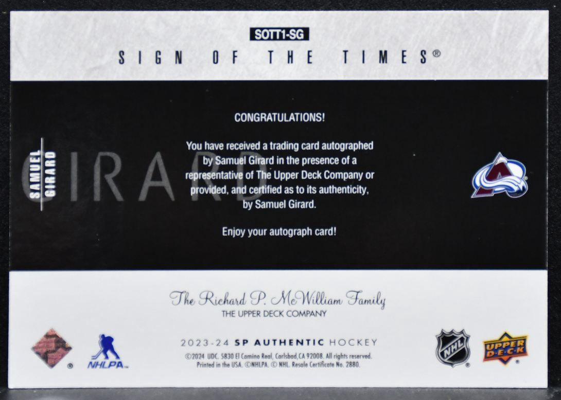 2023-24 SP Authentic Retro Sign of the Times Samuel Girard Avalanche Auto 7010