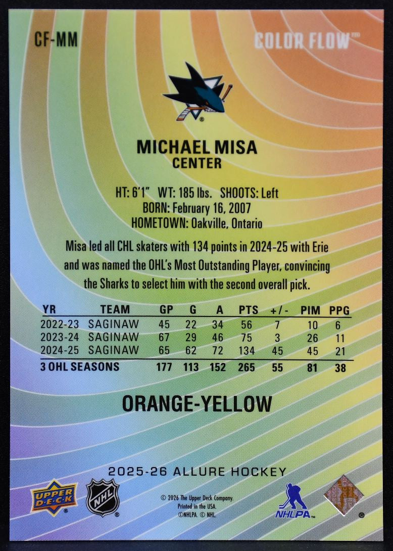 2025-26 UD Allure Color Flow Orange-Yellow Michael Misa CF-MM Sharks Auto 5095
