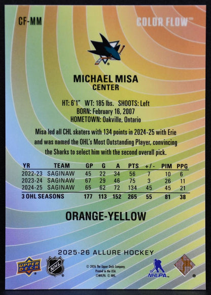 2025-26 UD Allure Color Flow Orange-Yellow Michael Misa CF-MM Sharks Auto 5095