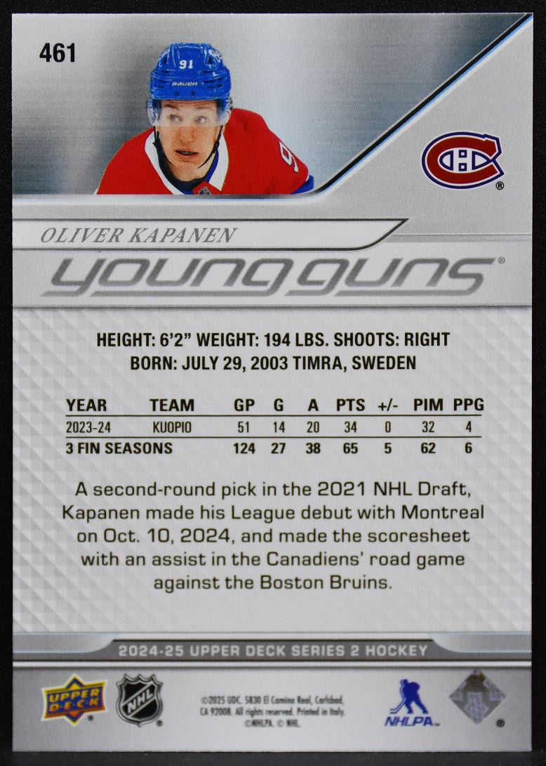 2024-25 Upper Deck Series 2 Young Guns Oliver Kapanen 461 Canadiens RC 5156