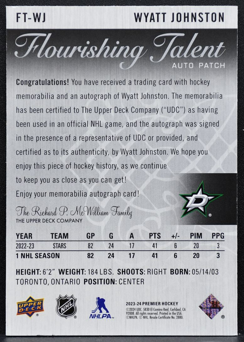 2023-24 UD Premier Flourishing Talent Auto Patch Johnston Stars Auto Patch 5982