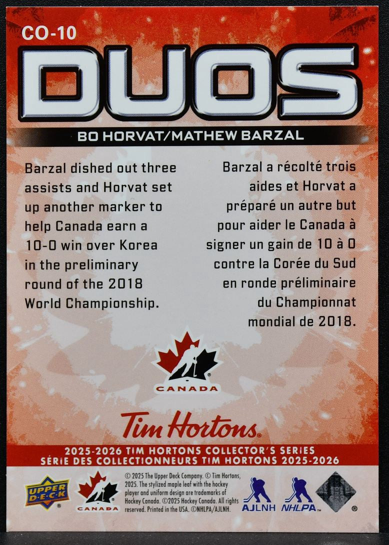 2025-26 Upper Deck Tim Hortons Duos Bo Horvat / Mathew Barzal CO-10 0077