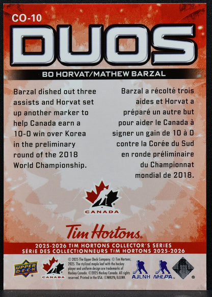 2025-26 Upper Deck Tim Hortons Duos Bo Horvat / Mathew Barzal CO-10 0077