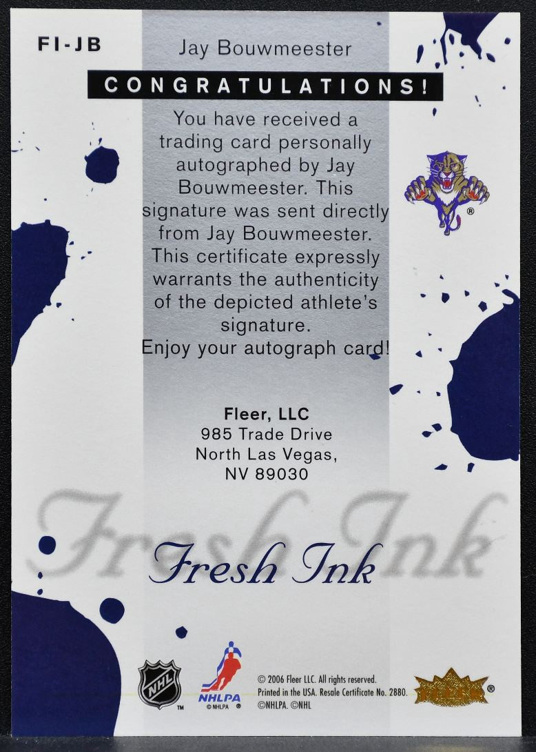2006-07 Fleer Ultra Fresh Ink Jay Bouwmeester FI-JB Florida Panthers Auto 9879
