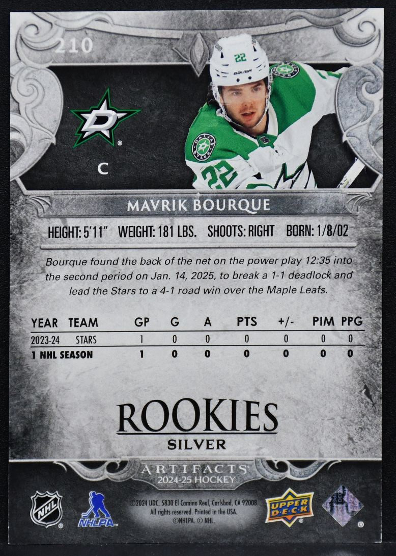 2024-25 UD Artifacts Rookies Silver Mavrik Bourque 210 Dallas Stars RC 229/899 1145