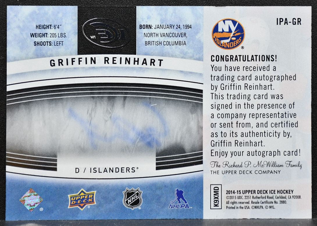 2014-15 UD Ice Premieres Autographs Griffin Reinhart Islanders RC Auto 1384