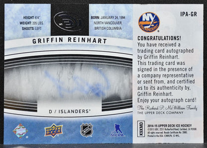 2014-15 UD Ice Premieres Autographs Griffin Reinhart Islanders RC Auto 1384