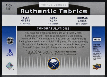 2013-14 SP Used Triple Authentic Fabrics Myers / Adam / Vanek Sabres Jersey 3633