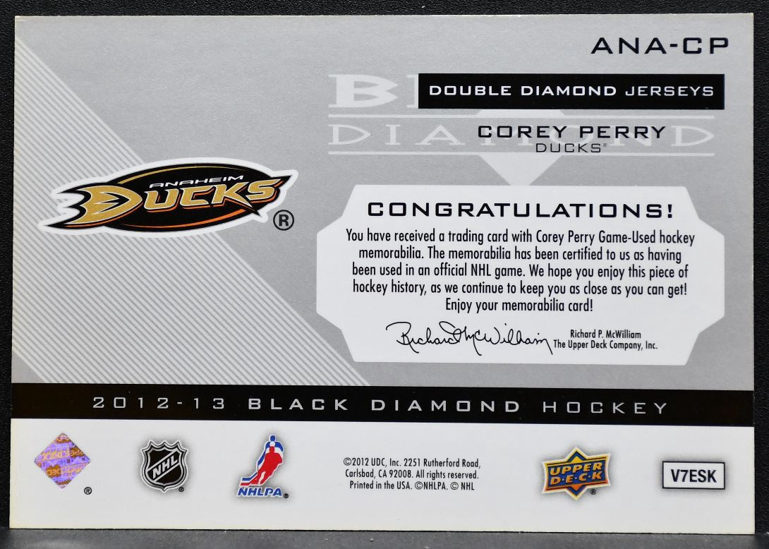 2012-13 Upper Deck Black Diamond Dual Jerseys Corey Perry Ducks Jersey 9839
