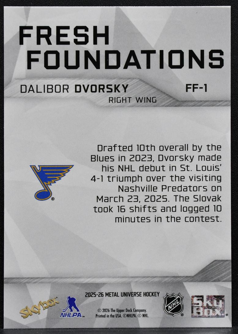 2025-26 SkyBox Metal Universe Fresh Foundation Dalibor Dvorsky FF-1 Blues 6484
